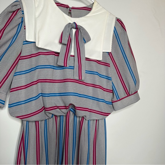 Vintage 80s, Striped Midi Dress, Sailor Collar, Gathered Waist,  Size MEDIUM - Picture 10 of 10